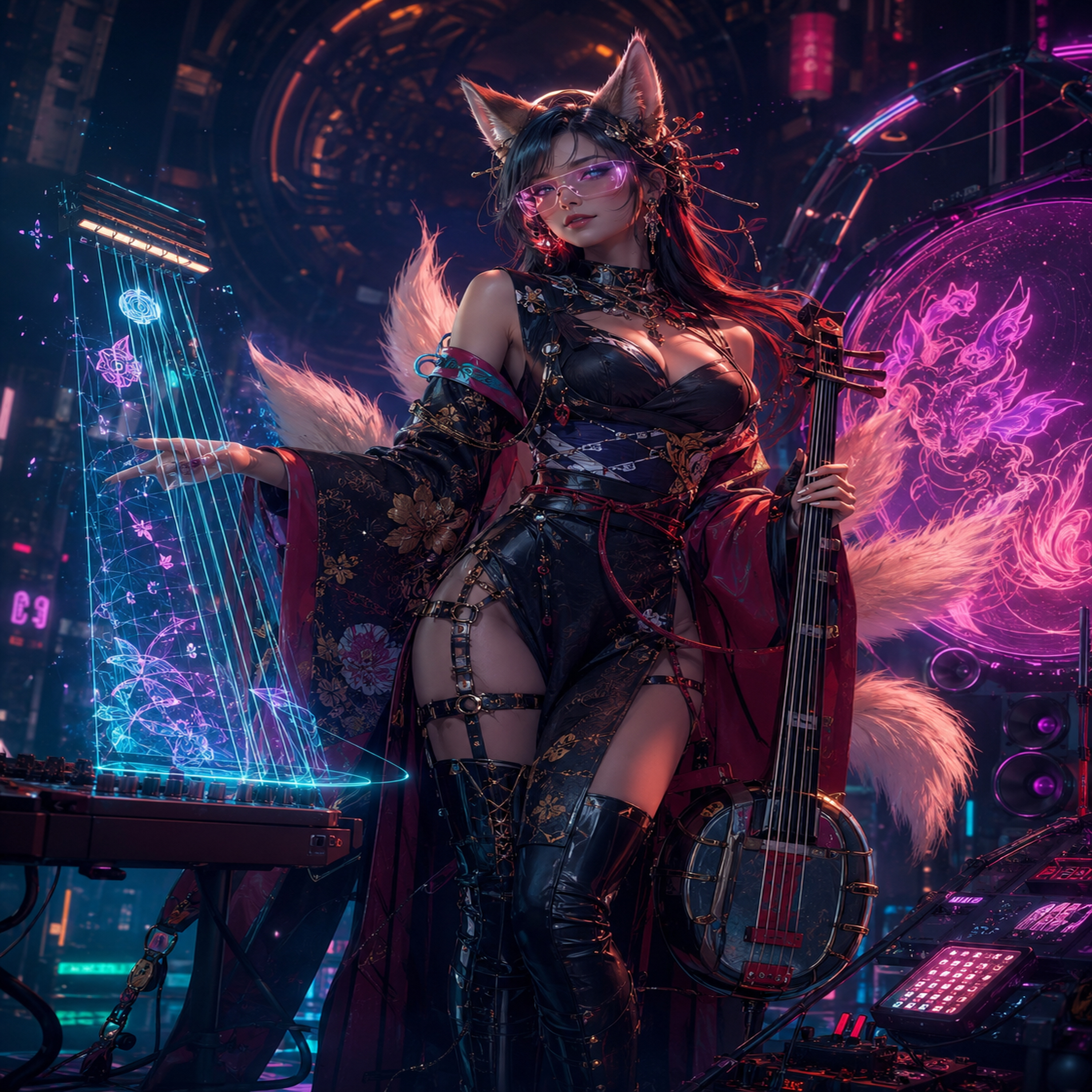The Long Way Here album artwork featuring YŪGEN in a neon music studio.