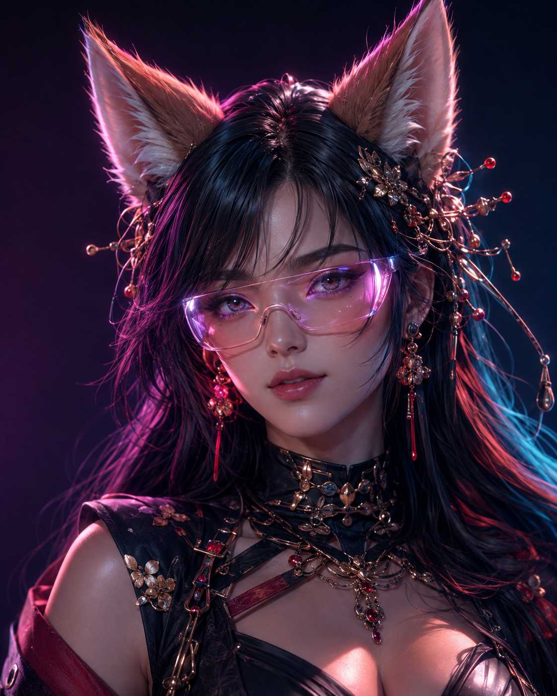 YŪGEN wearing ornate black and red jewelry, fox ears, and luminous violet glasses.